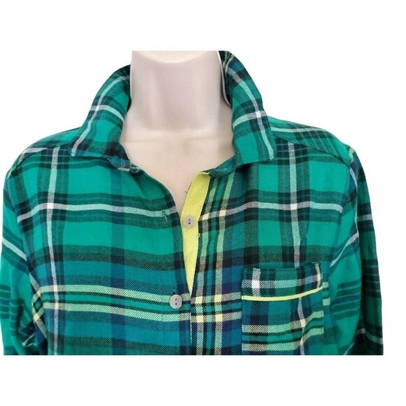 Colsie PJ Top Button Up Long Slv Night Shirt Green Plaid Flannel Womens XS NEW - Picture 1 of 4